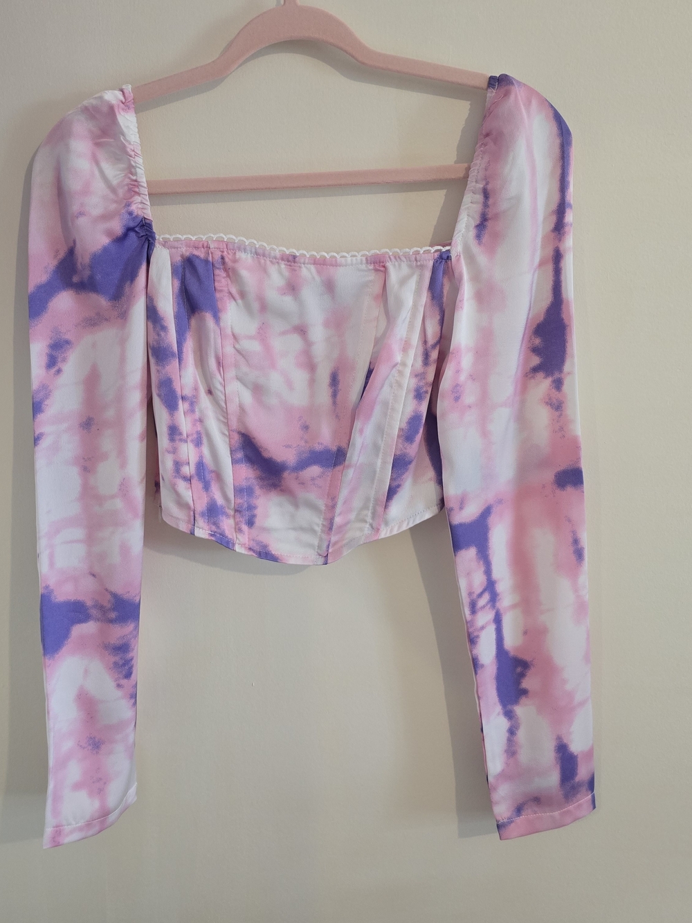 PrettyLittleThing Tie Dye Corset Crop Top Pink Purple Long Sleeve Y2K Rave XS 2